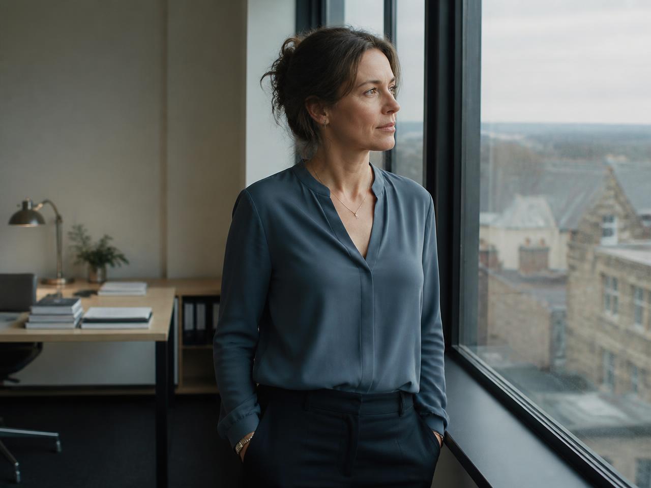 An HR lead standing by an office window, pausing in thought